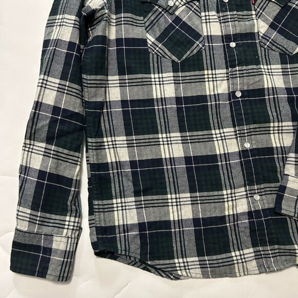 Vtg Levis Shirt Mens L Black Gray Plaid Western Pearl Snap Flannel Standard Fit - Picture 6 of 12